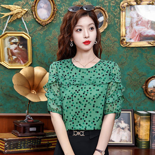 KQL323H11802025夏季新款圆领荷叶边碎花波点雪纺衫上衣洋气时尚百搭衬衫女 商品图2