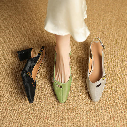 丝绸牛皮~国风复古配裙子粗跟尖头后空包头凉鞋女时尚简约高跟鞋 商品图3