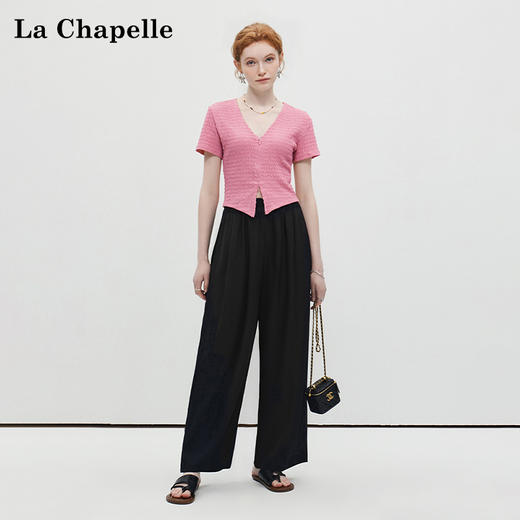 天猫同步【亚麻、凉爽垂顺】拉夏贝尔/La Chapelle高腰休闲裤女显瘦百搭垂坠松紧腰直筒裤裤 商品图4