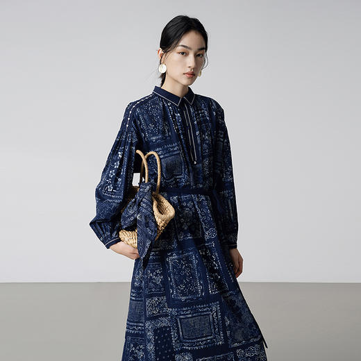 【林栖设计小店】【现货】纯棉连衣裙复古蓝印花纹蓝书宽松百搭宽松2025秋季新款长裙女1953034 商品图1