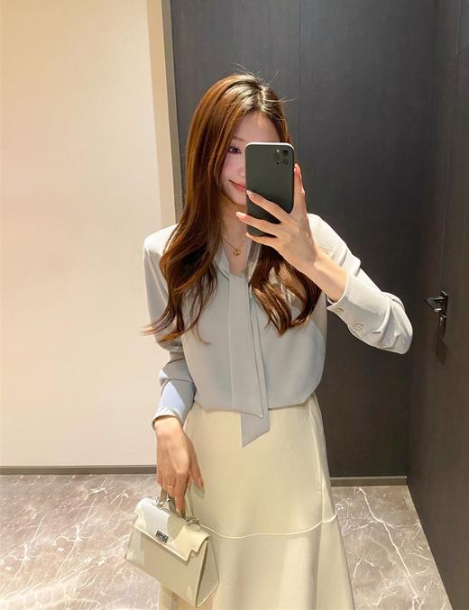 法式醋酸质感蝴蝶结飘带V领知性OL衬衫 商品图5