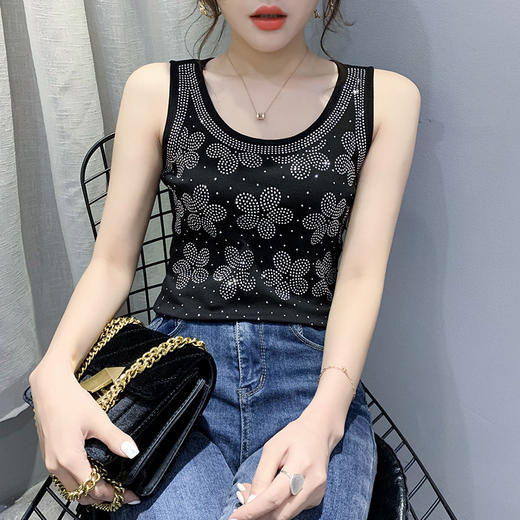 2025夏季新款圆领T恤女无袖背心洋气烫钻百搭上衣潮 商品图1