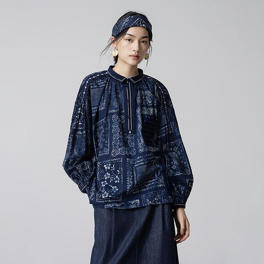 【林栖设计小店】【现货】纯棉衬衣复古蓝印花纹蓝书优雅百搭宽松2025秋季新款上衣女1953026 商品图0