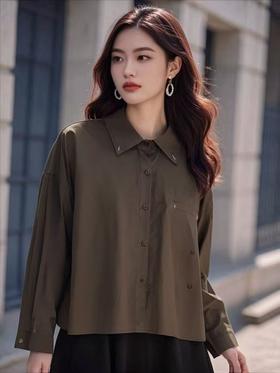 【早秋特卖】短款咖色全棉衬衫-喜出