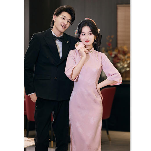 SYK11504旗袍改良新中式长款倒大袖旗袍2025秋冬新款日常可穿订婚旗袍 商品图3