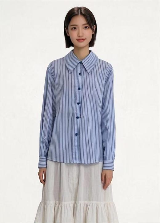赠送披肩【早秋特卖】6201蓝色100%棉条纹长袖衬衫-喜出 商品图2