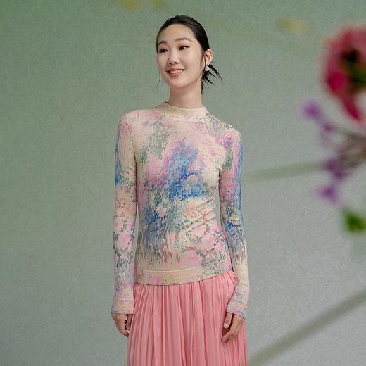 【林栖设计小店】【现货】绵羊毛毛织上衣油画衫优雅印花修身显瘦2025秋冬新款针织衫女1954004 商品图9