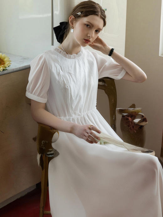 会员福利【莱赛尔+刺绣提花】拉夏贝尔/La Chapelle原299+花边立领提花新中式短袖中长款连衣裙夏季 商品图6