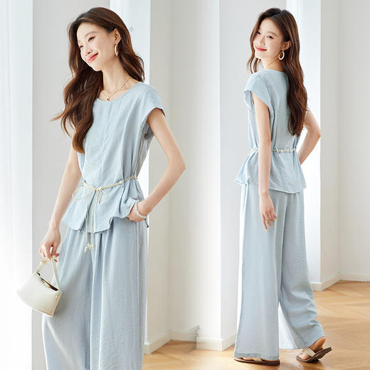 【预售3天】PY 时尚休闲系带收腰圆领短袖衬衫套装 &Z8158 商品图2