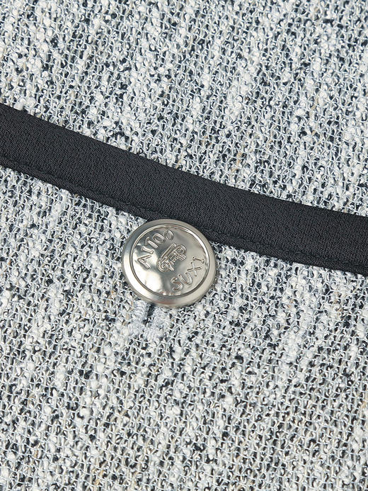 小香风短袖外套女 灰色粗花呢撞色边 圆领金属扣短款上衣 商品图3