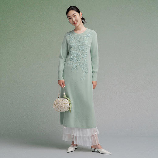 【林栖设计小店】【现货】绵羊毛连衣裙盘带绣舒适优雅百搭2025秋季新款毛织长裙女1953046 商品图0