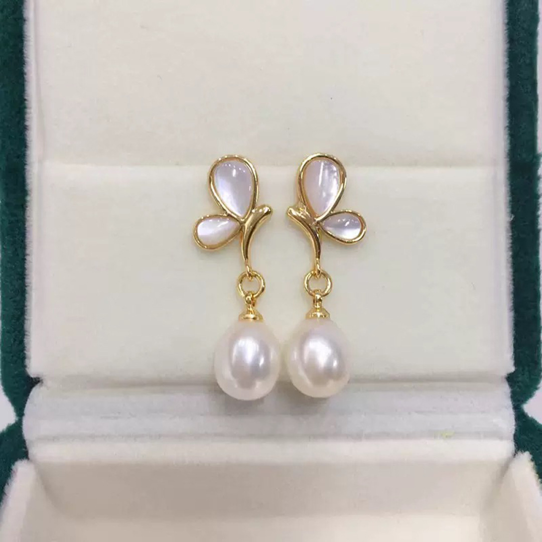 新款天然淡水珍珠贝母蝴蝶耳环女夏季简约14K注金高