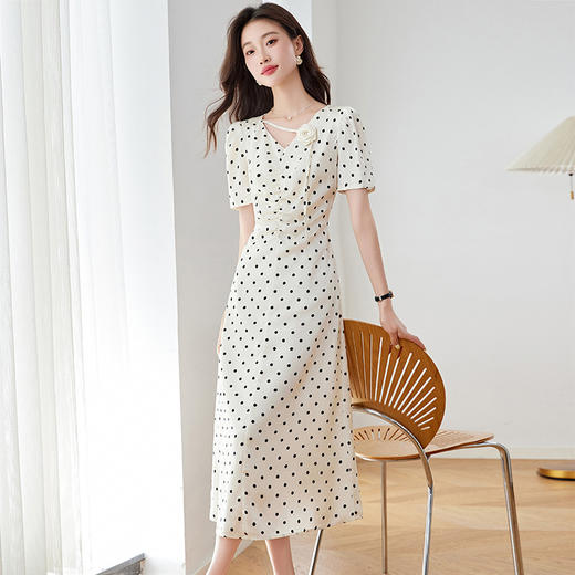 白色波点丝连衣裙，法式收腰显瘦巨好看的显瘦裙子HR-5627 商品图0