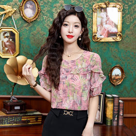 KQL323H11812025夏季新款圆领荷叶边印花雪纺衫上衣洋气时尚百搭衬衫女