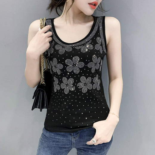 2025夏季新款圆领T恤女无袖背心洋气烫钻百搭上衣潮 商品图0