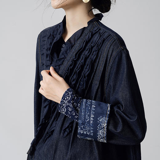 【林栖设计小店】【现货】【草木丹宁】牛仔外套上衣花边压褶2025秋季新款长款大衣1953118 商品图3
