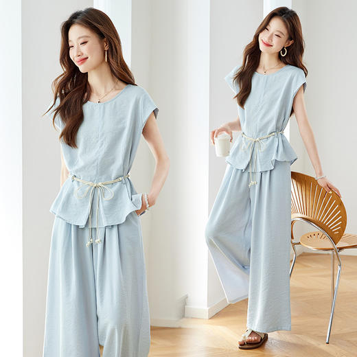 【预售3天】PY 时尚休闲系带收腰圆领短袖衬衫套装 &Z8158 商品图3