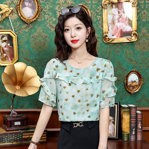 KQL323H11822025夏季新款圆领荷叶边爱心雪纺衫上衣洋气时尚百搭衬衫女 商品图3