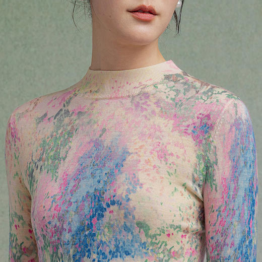 【林栖设计小店】【现货】绵羊毛毛织上衣油画衫优雅印花修身显瘦2025秋冬新款针织衫女1954004 商品图11