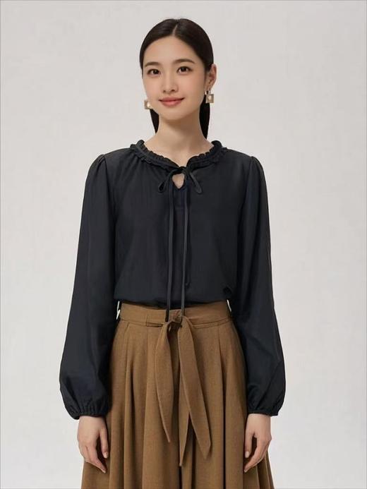 【早秋特卖】天丝剪标系带压皱花边领长袖衬衫-喜出 商品图1