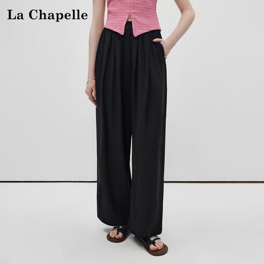 天猫同步【亚麻、凉爽垂顺】拉夏贝尔/La Chapelle高腰休闲裤女显瘦百搭垂坠松紧腰直筒裤裤 商品图0