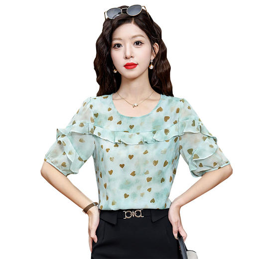 KQL323H11822025夏季新款圆领荷叶边爱心雪纺衫上衣洋气时尚百搭衬衫女 商品图4