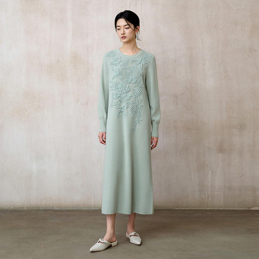 【林栖设计小店】【现货】绵羊毛连衣裙盘带绣舒适优雅百搭2025秋季新款毛织长裙女1953046 商品图2