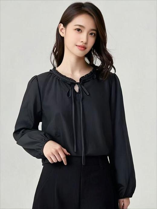 【早秋特卖】天丝剪标系带压皱花边领长袖衬衫-喜出 商品图0