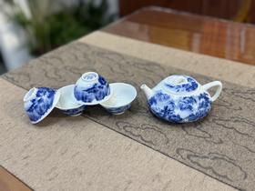 柴窑青花山水茶壶套组