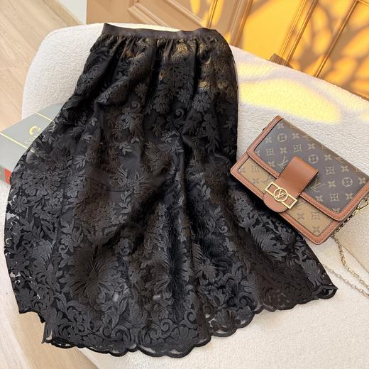 【认准正版】轻奢法式中长款蕾丝时尚气质黑色显瘦半身裙子M2378 商品图4