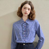 西遇复古木耳边蓝色格纹衬衫女秋季新款减龄百搭短款长袖上衣V2651170 商品缩略图3