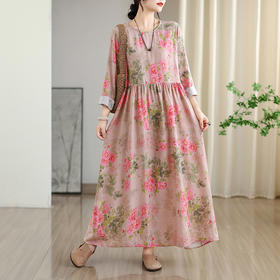雀说 宽松大码女装印花度假风圆领文艺复古长款连衣裙