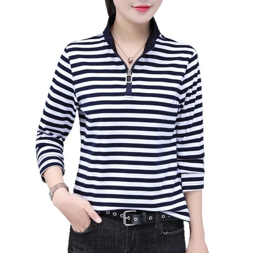 百媚生 95棉条纹长袖T恤女春秋立领上衣服5653 商品图4