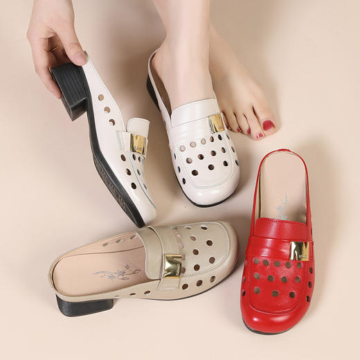 丁摩 包头半拖鞋女夏时尚外穿镂空洞洞鞋真皮软底平底舒适凉拖5ZF-6312 商品图1