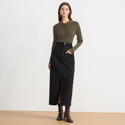 EITIE爱特爱挺括工装设计感不对称高腰黑色长款半裙2025秋季新款C2506816 商品图1