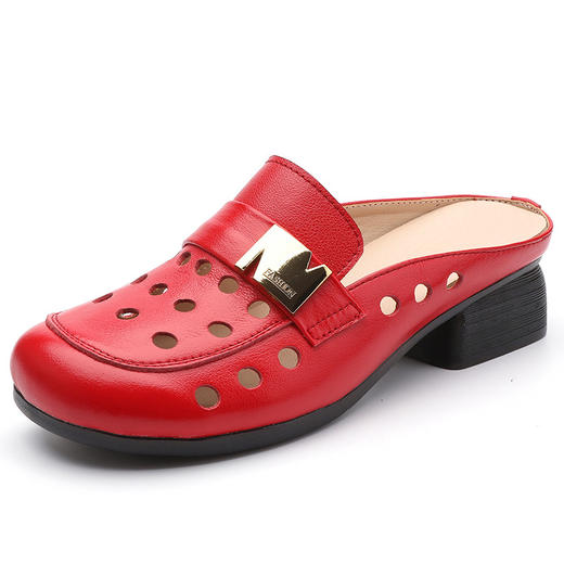 丁摩 包头半拖鞋女夏时尚外穿镂空洞洞鞋真皮软底平底舒适凉拖5ZF-6312 商品图5