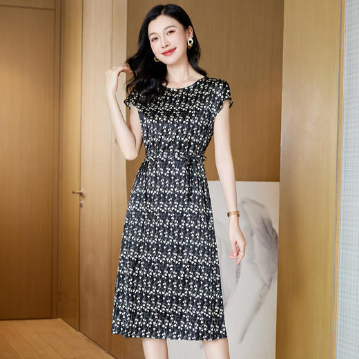 丁摩 夏季圆领时尚印花气质优雅真丝短袖连衣裙系带简约裙子5ZF-23062 商品图0