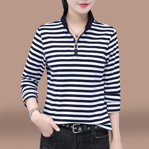 百媚生 95棉条纹长袖T恤女春秋立领上衣服5653 商品图2