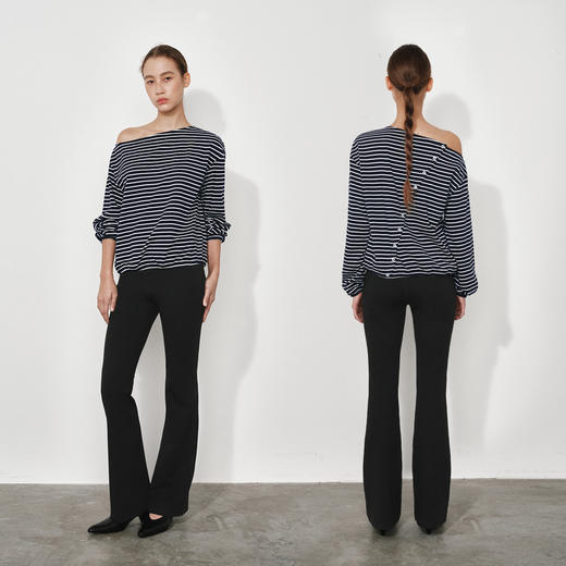 NUTH正反两穿斜肩露肩条纹长袖t恤上衣女 商品图3