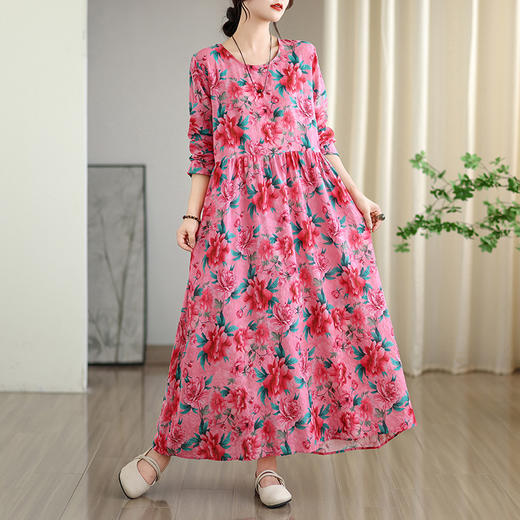 雀说 宽松大码女装印花度假风圆领文艺复古长款连衣裙 商品图12
