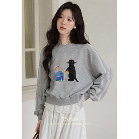 鹿向南「灰调随性」灰色短款猫咪印花圆领卫衣女早秋宽松无帽上衣