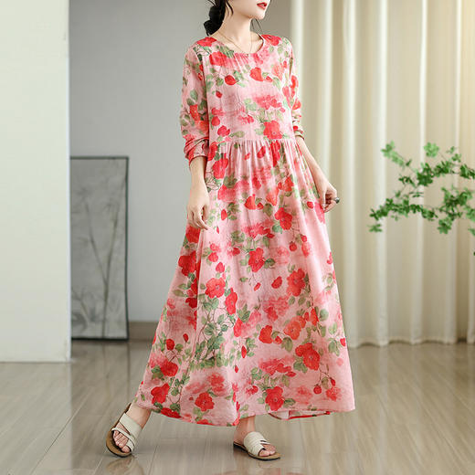 雀说 宽松大码女装印花度假风圆领文艺复古长款连衣裙 商品图2