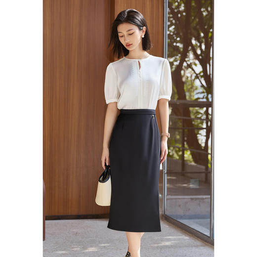 剩S/M/L/XL 【极简短袖衬衫高腰开叉包臀半裙两件套】显瘦女套装夏季高级感3914 商品图3