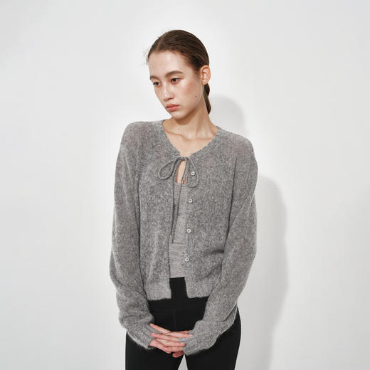 NUTH 半透羊毛混纺宽松短款系带针织开衫女 商品图3