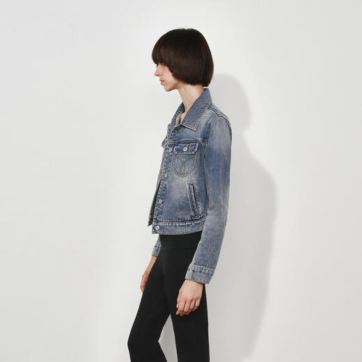 NUTH复古水洗做旧修身正肩短款牛仔外套女 商品图0