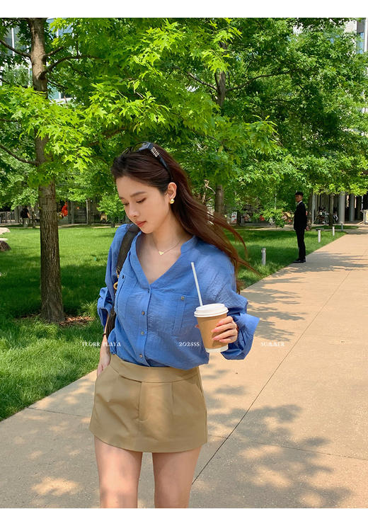 送8元退货运费【老钱风亚麻立领衬衫+百搭短款裙裤】早秋封神套装！王炸组合△版型不挑身材 颜色不挑肤色四搭配裙裤简直韩系女主即视感~ 商品图7