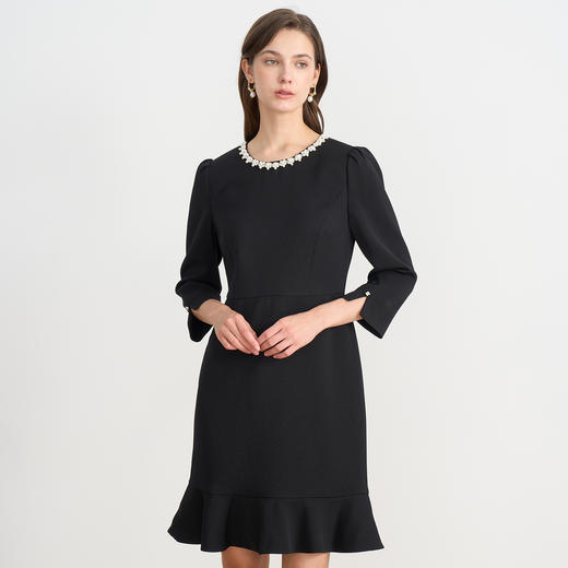 EITIE爱特爱千金气质钉珠圆领小香风鱼尾黑色2025秋季新款连衣裙C2507826 商品图2