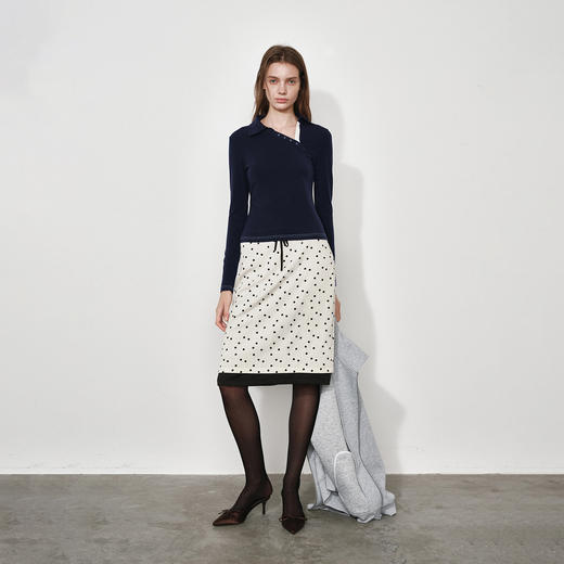 NUTH 修身显瘦正肩针织长袖T恤斜领弹力打底针织衫女 花灰/藏蓝 商品图1