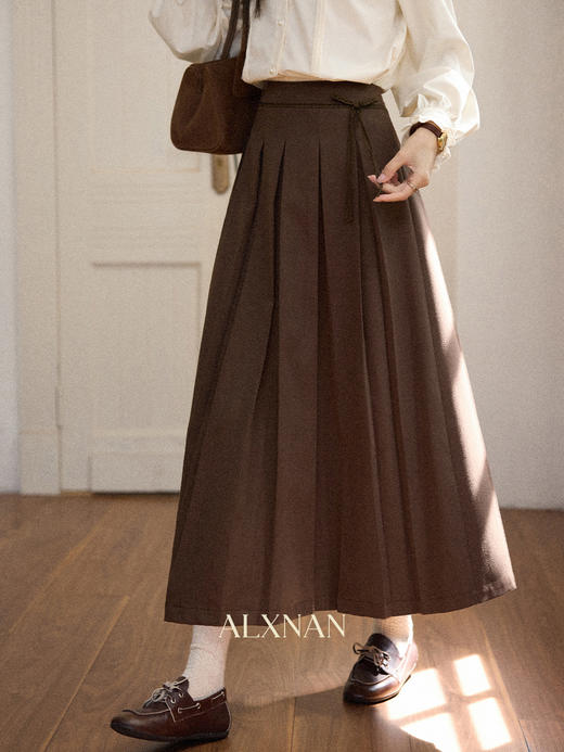 鹿向南「焦糖卷云」小个子高腰半身裙女早秋设计感长款咖色百褶裙 商品图0