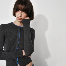 NUTH  可机洗100%纯羊毛撞色灰色修身短款长袖针织开衫女（发货时间同步天猫）